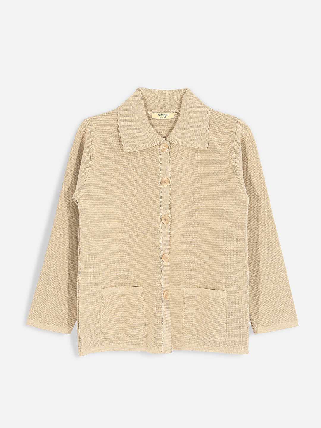 Casacos de Malha Achega - Casaco feminino areia em lã merino com gola