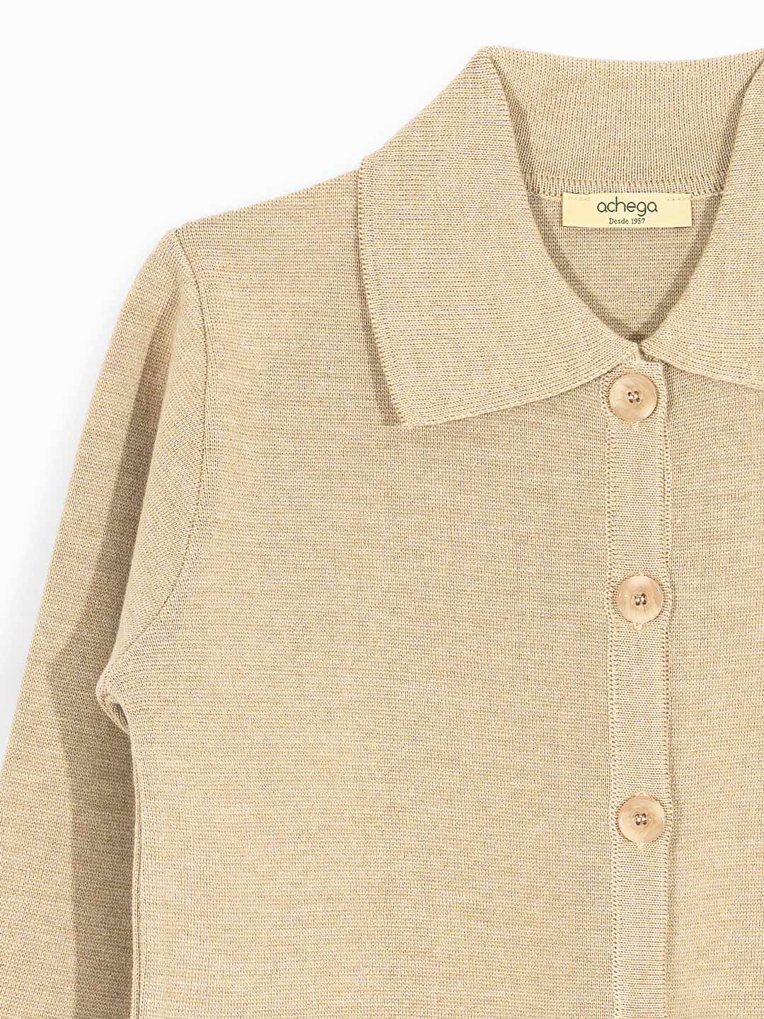 Casacos de Malha Achega - Casaco feminino areia em lã merino com gola