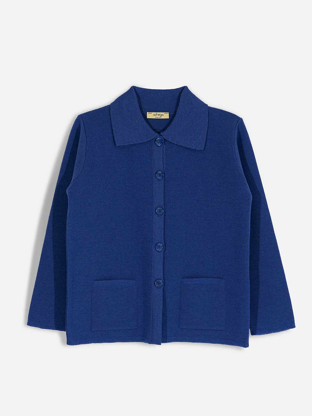Achega Knitted Cardigan - Women's indigo blue merino wool Cardigan with collar
