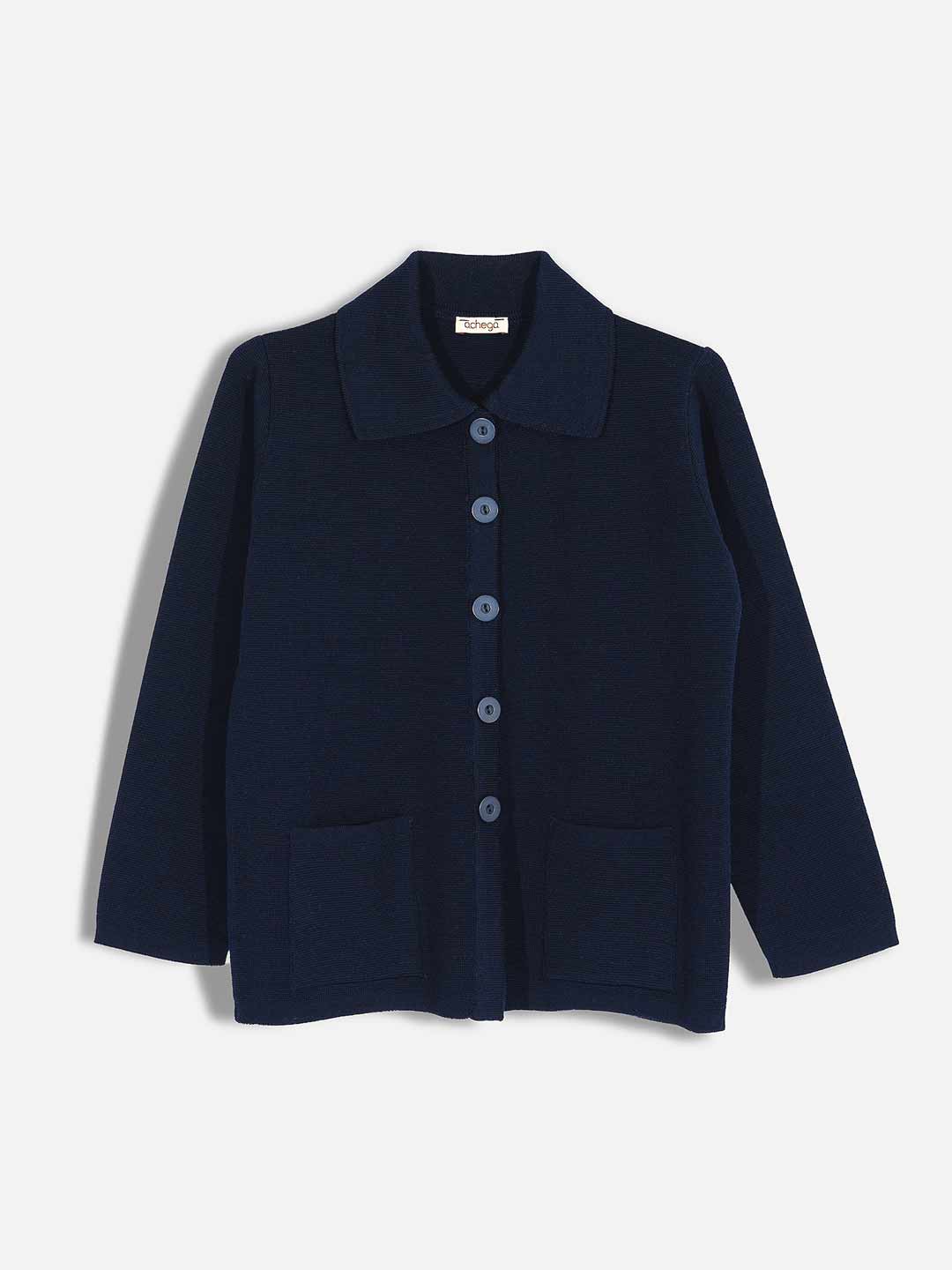 Achega Knitted Cardigan - Women's navy blue merino wool Cardigan with collar