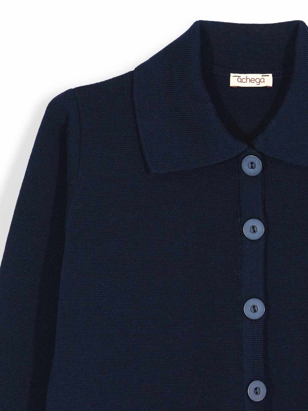 Achega Knitted Cardigan - Women's navy blue merino wool Cardigan with collar