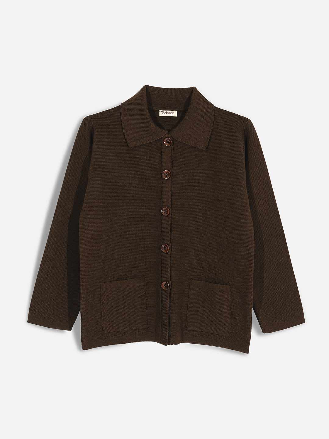 Casacos de Malha Achega - Casaco feminino castanho em lã merino com gola