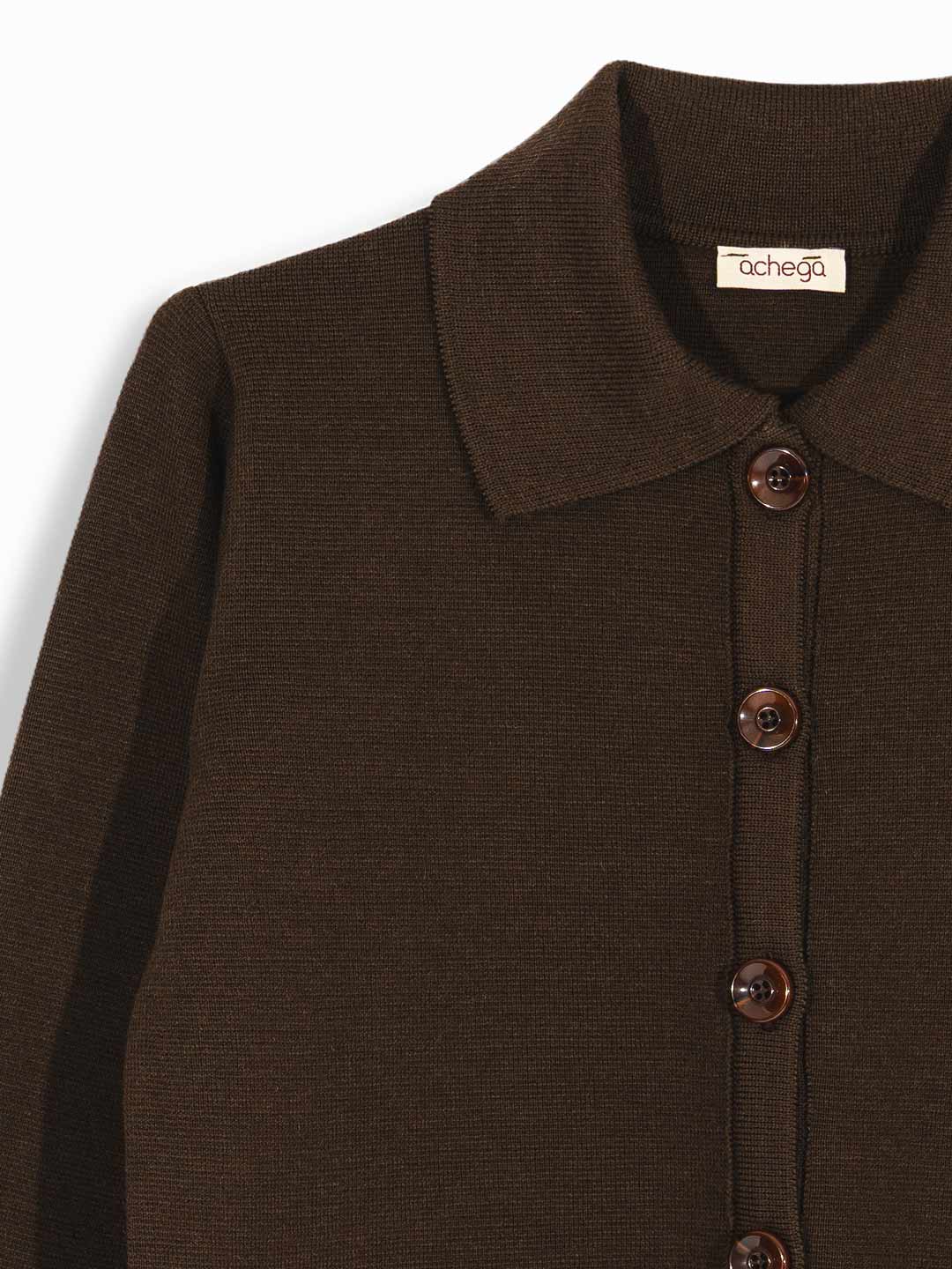Casacos de Malha Achega - Casaco feminino castanho em lã merino com gola