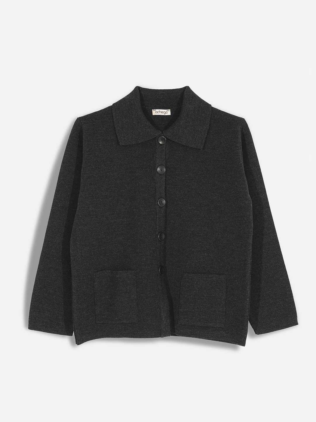 Achega Knitwear Chaquetas - Chaqueta de mujer de lana merino gris con cuello