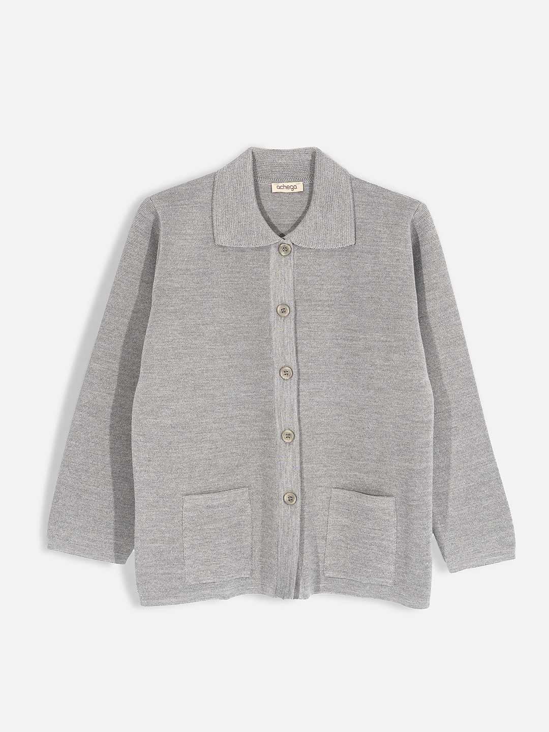 Casacos de Malha Achega - Casaco feminino cinza em lã merino com gola