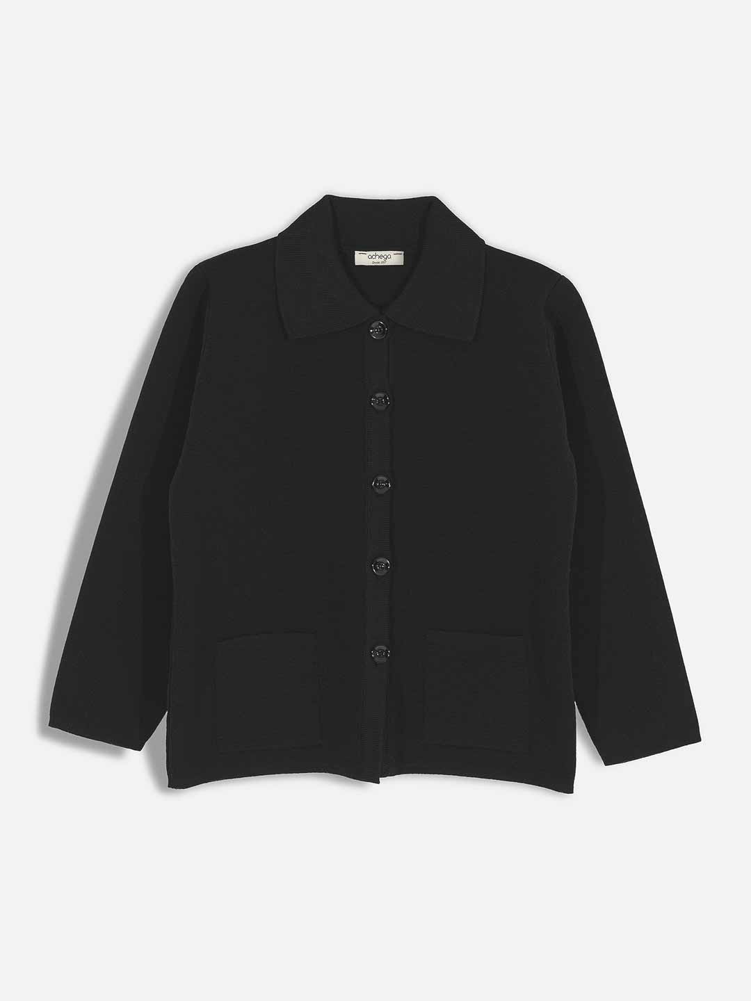 Achega Knitted Cardigan - Women's black Cardigan in merino wool with collar