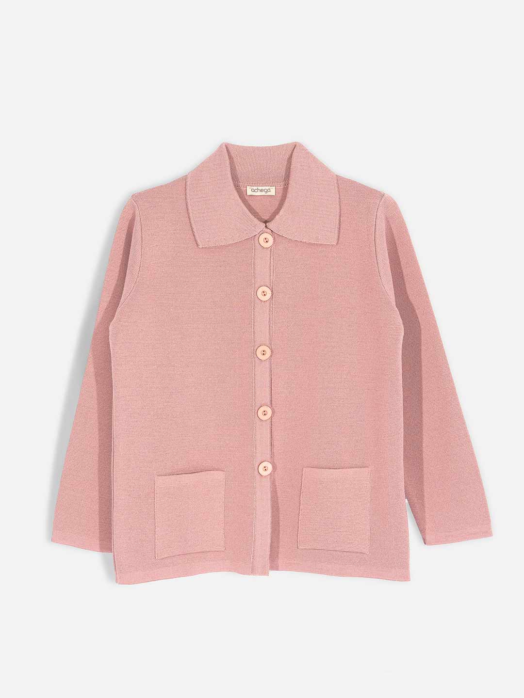 Casacos de Malha Achega - Casaco feminino rosa velho em lã merino com gola