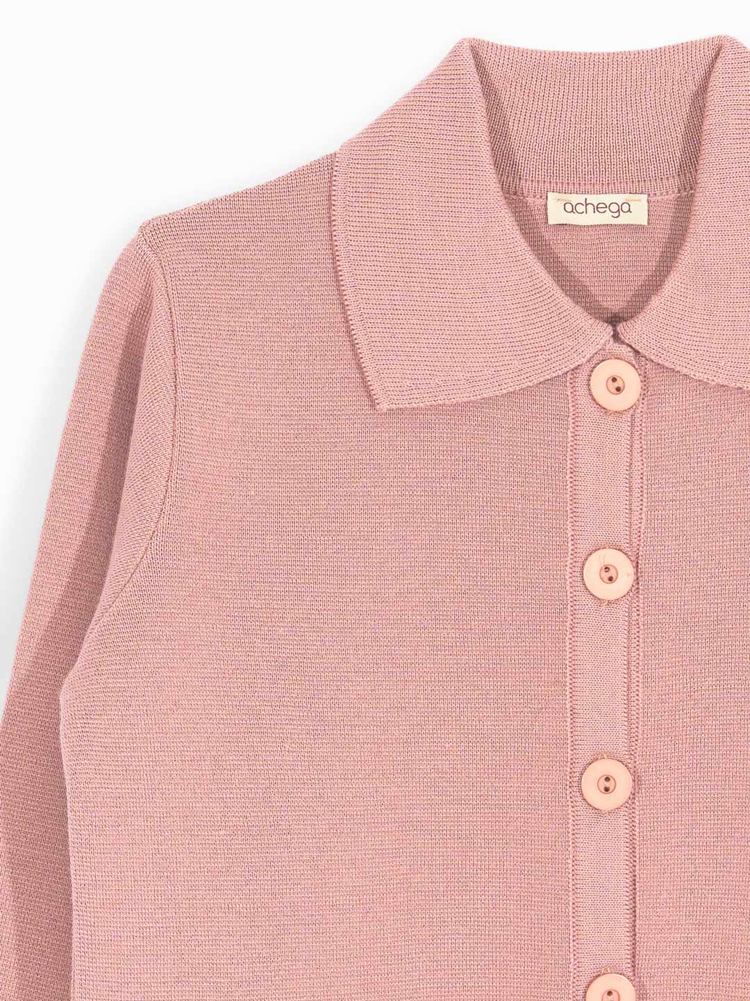 Casacos de Malha Achega - Casaco feminino rosa velho em lã merino com gola