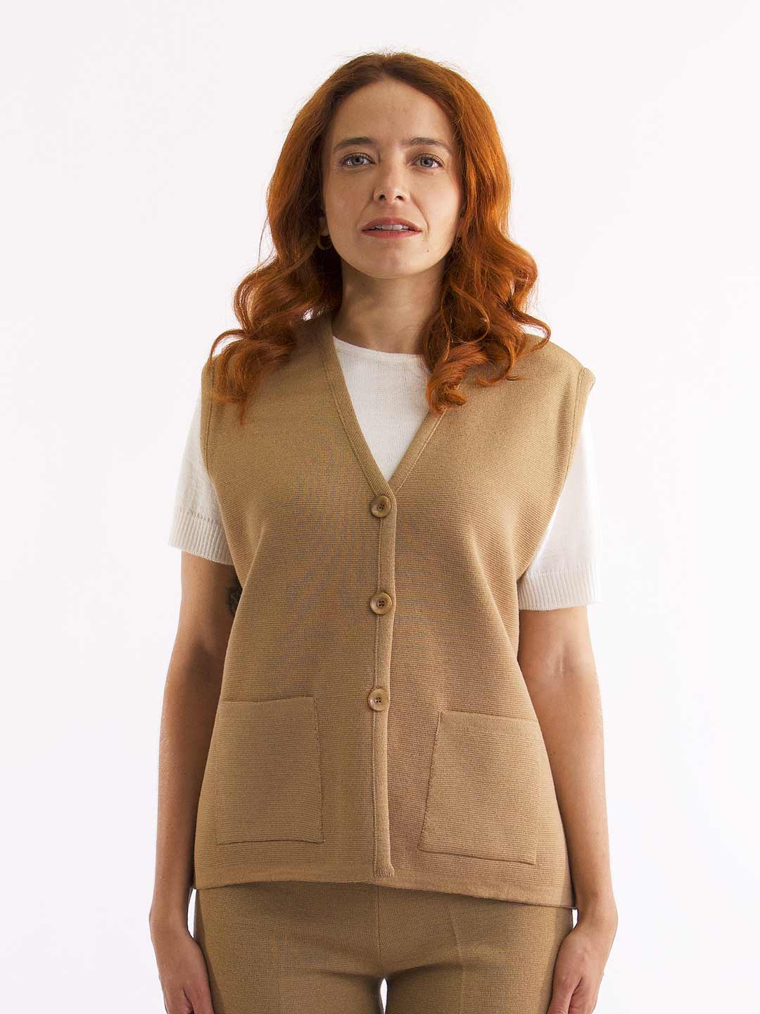 Achega Knitted Vests - Women's camel vest in merino wool
