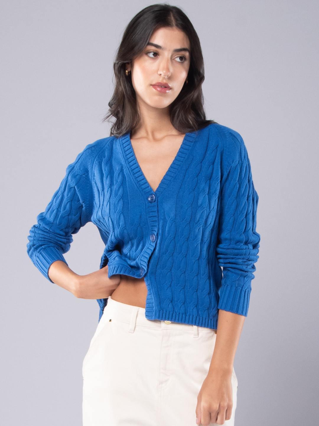 Casacos de Malha Achega - Casaco feminino cor azul cobalto em algodão orgânico com decote em V