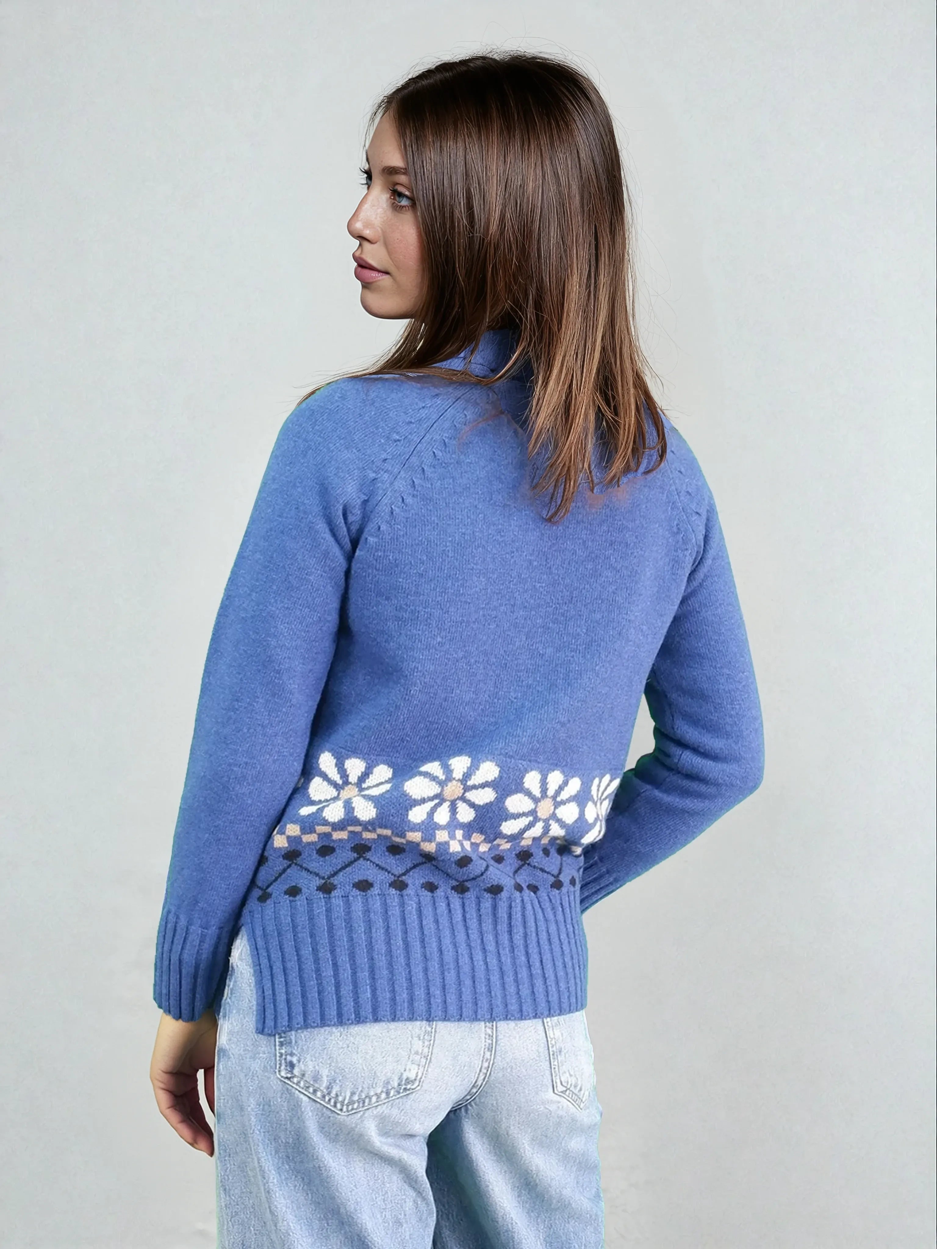 Jacquard Round Neck Sweater - Denim Blue