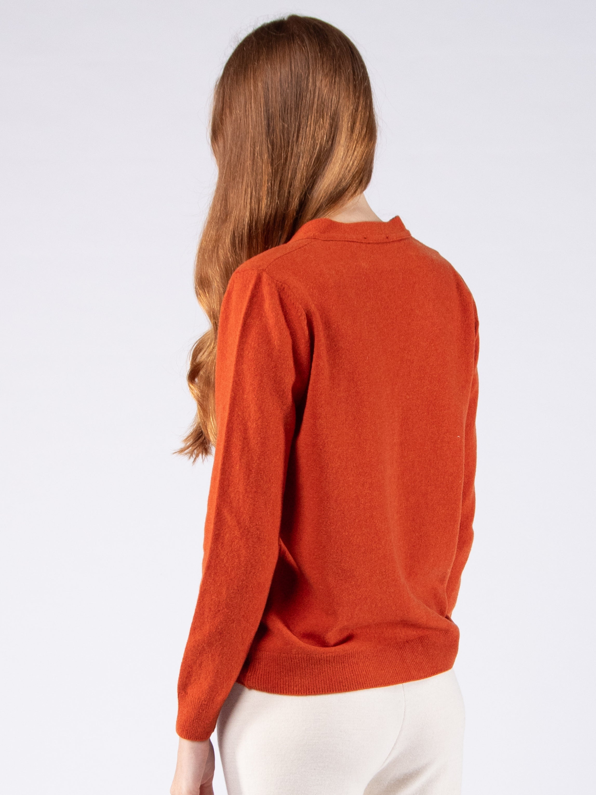 Lambswool V-Neck Cardigan - Terracotta Orange
