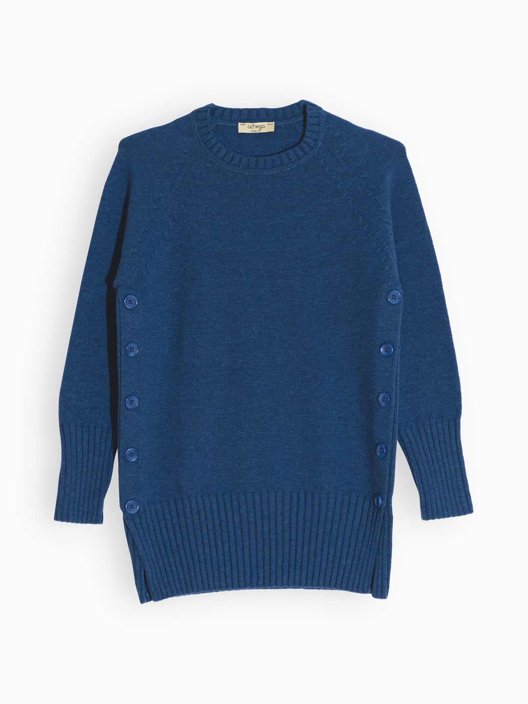 Camisolões de Malha Achega - Camisola oversize de malha azul indigo para senhora em lambswool