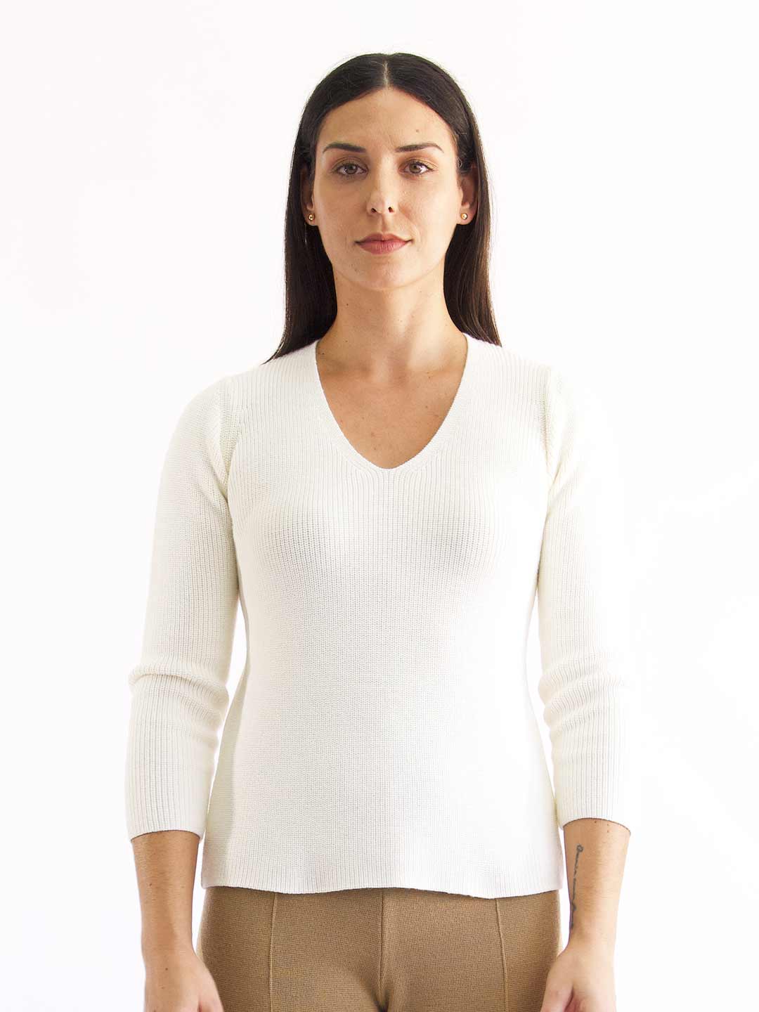Achega Knitted Sweaters - White merino wool V-neck sweater
