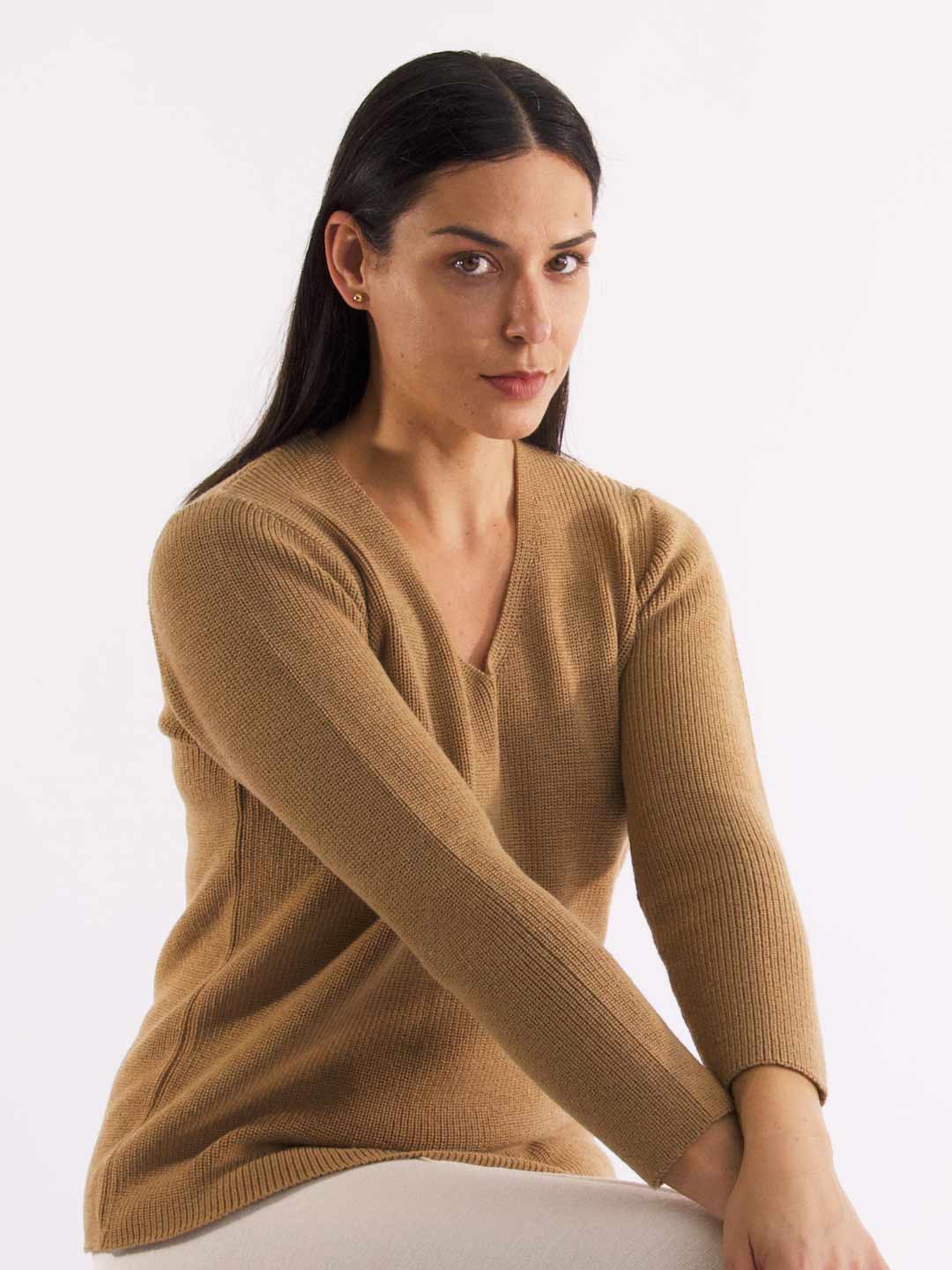 Achega Knit Sweaters - V-neck camel merino wool sweater