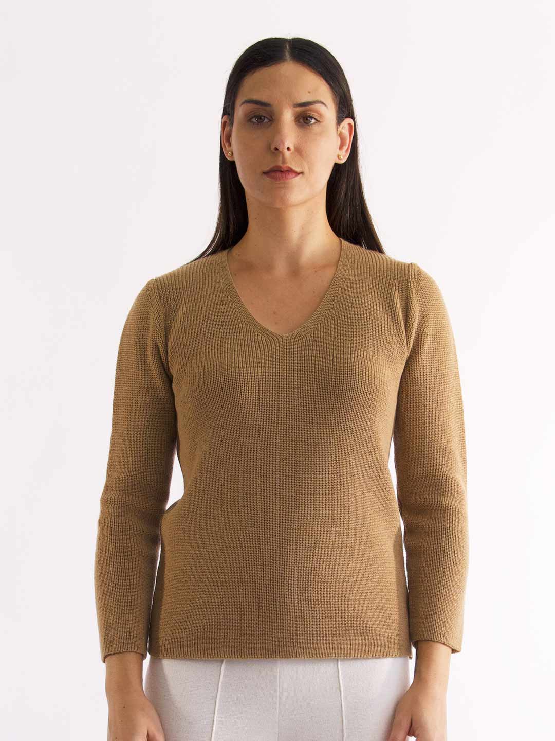 Achega Knit Sweaters - V-neck camel merino wool sweater