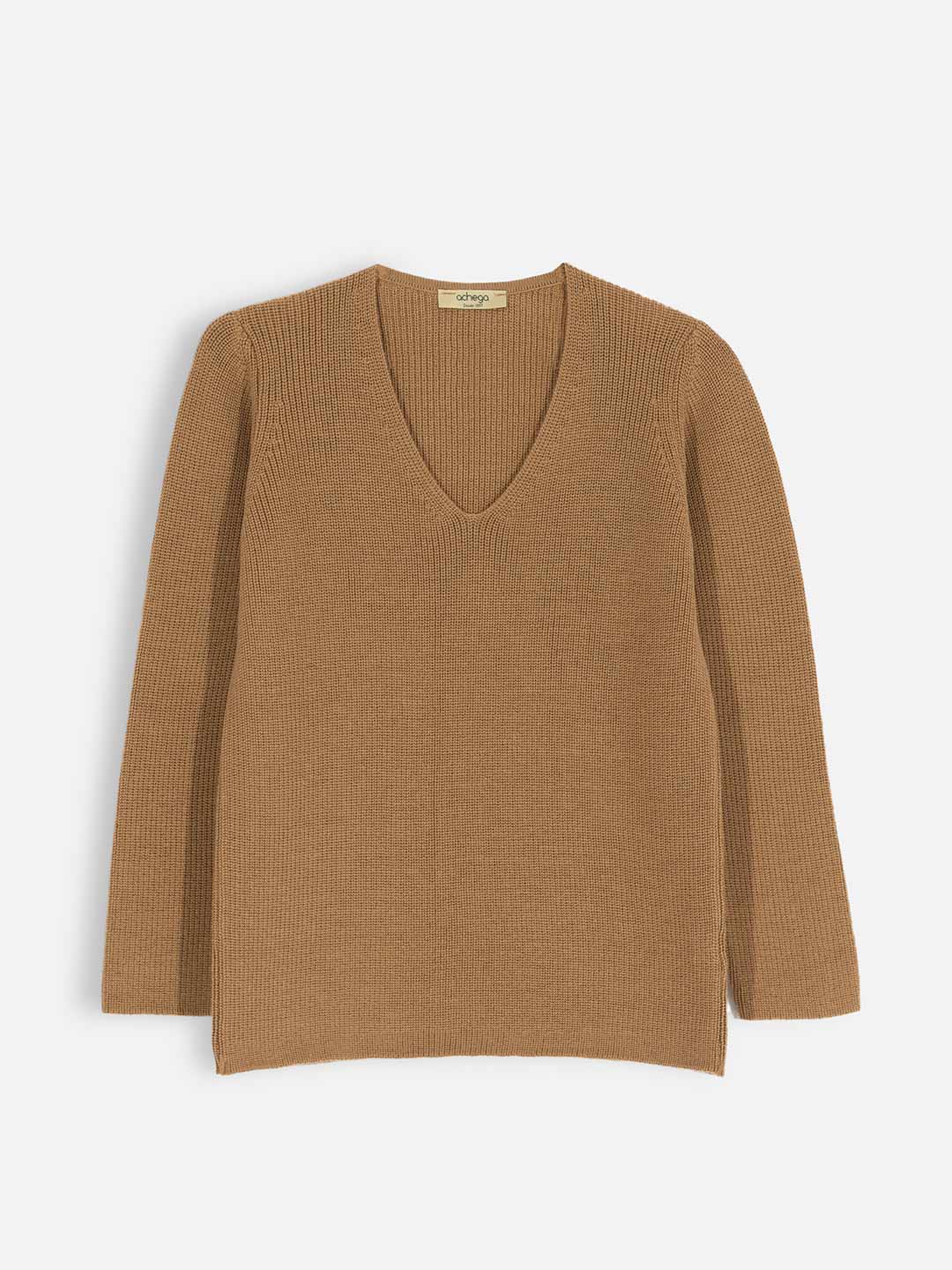 Achega Knit Sweaters - V-neck camel merino wool sweater