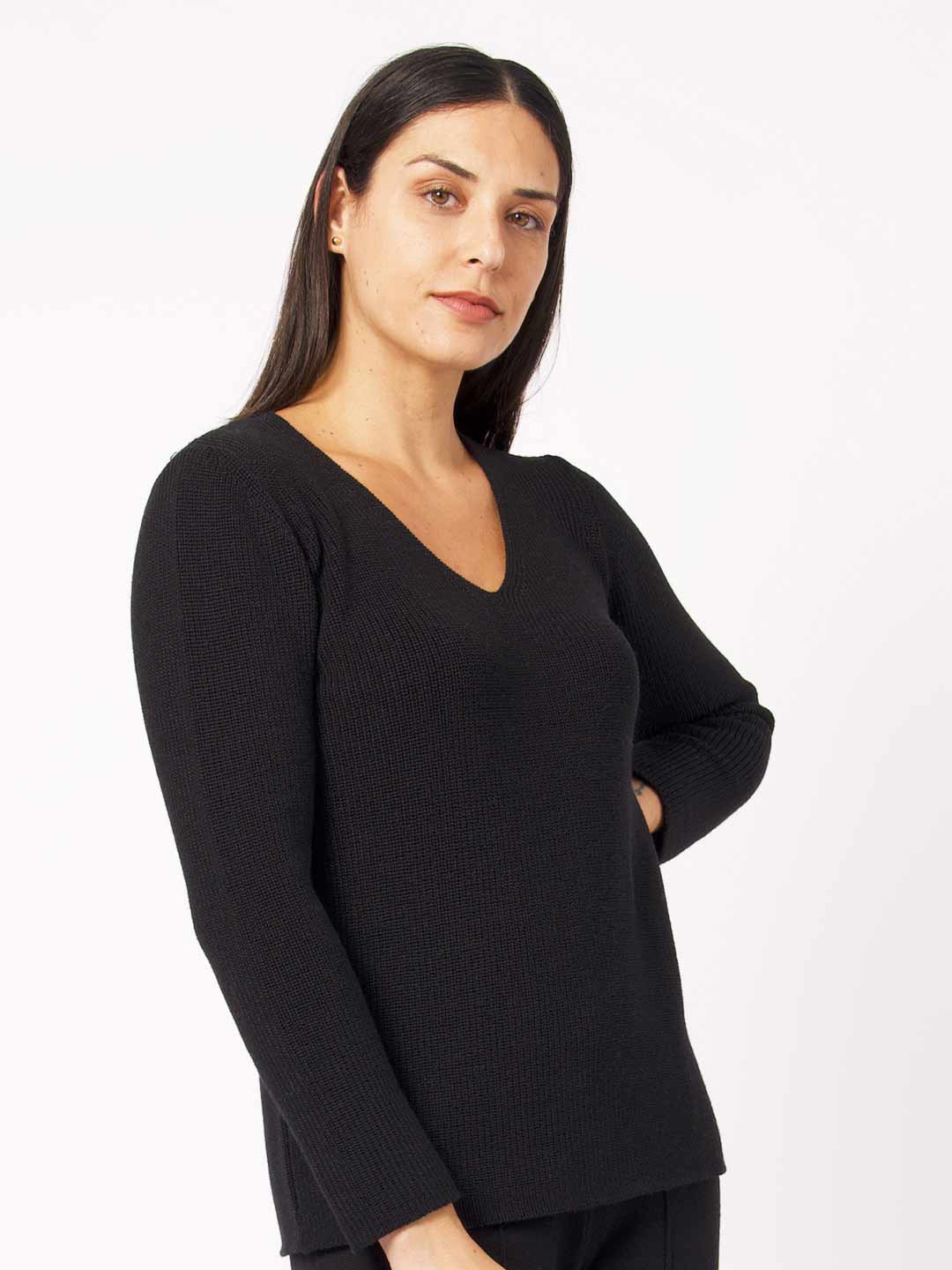 Camisola de Decote em V em Lã Merino