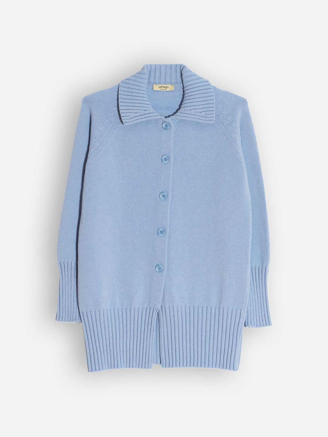 Achega Knitted Cardigan - Long blue knitted Cardigan with collar and lambswool buttons