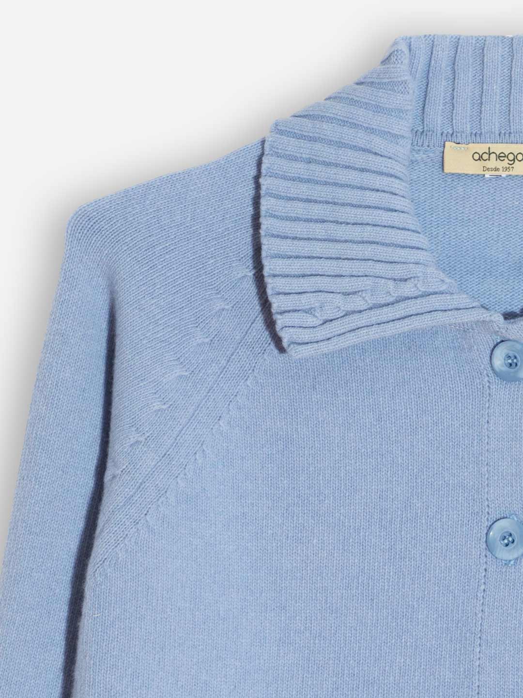 Achega Knitted Cardigan - Long blue knitted Cardigan with collar and lambswool buttons