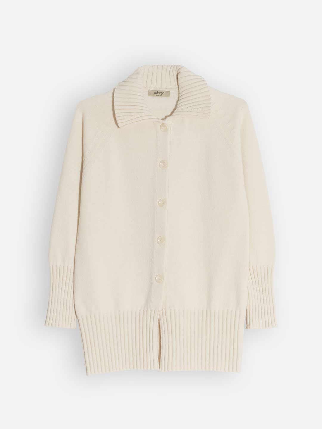 Casacos de Malha Achega - Casaco de malha comprido branco com gola e com boões em lambswool