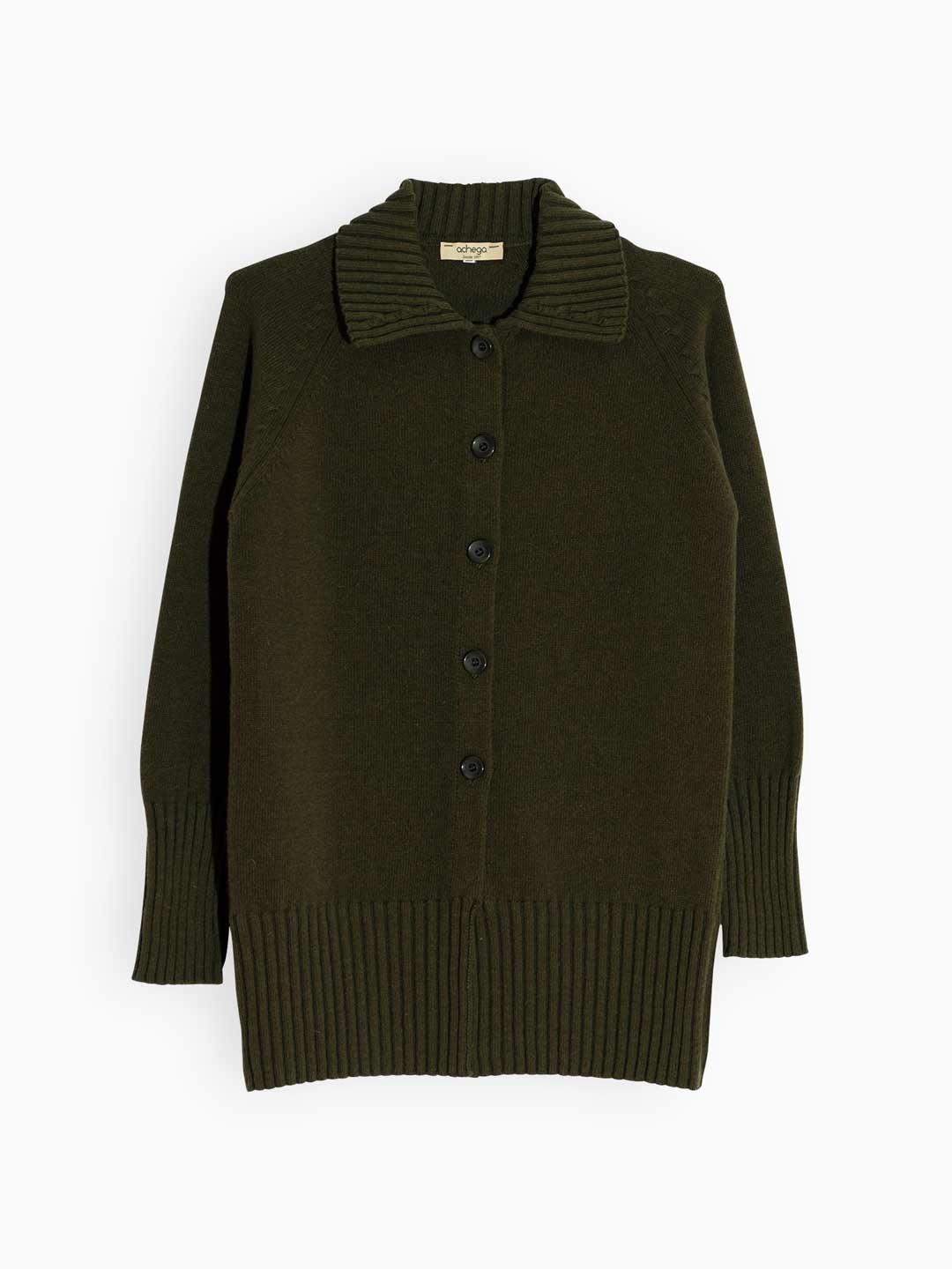 Achega Knitted Cardigan - Green long knitted Cardigan with collar and lambswool buttons