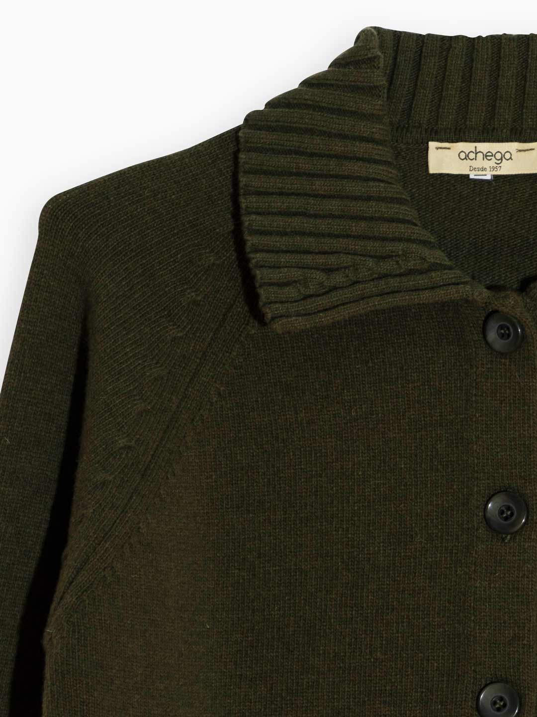 Achega Knitted Cardigan - Green long knitted Cardigan with collar and lambswool buttons