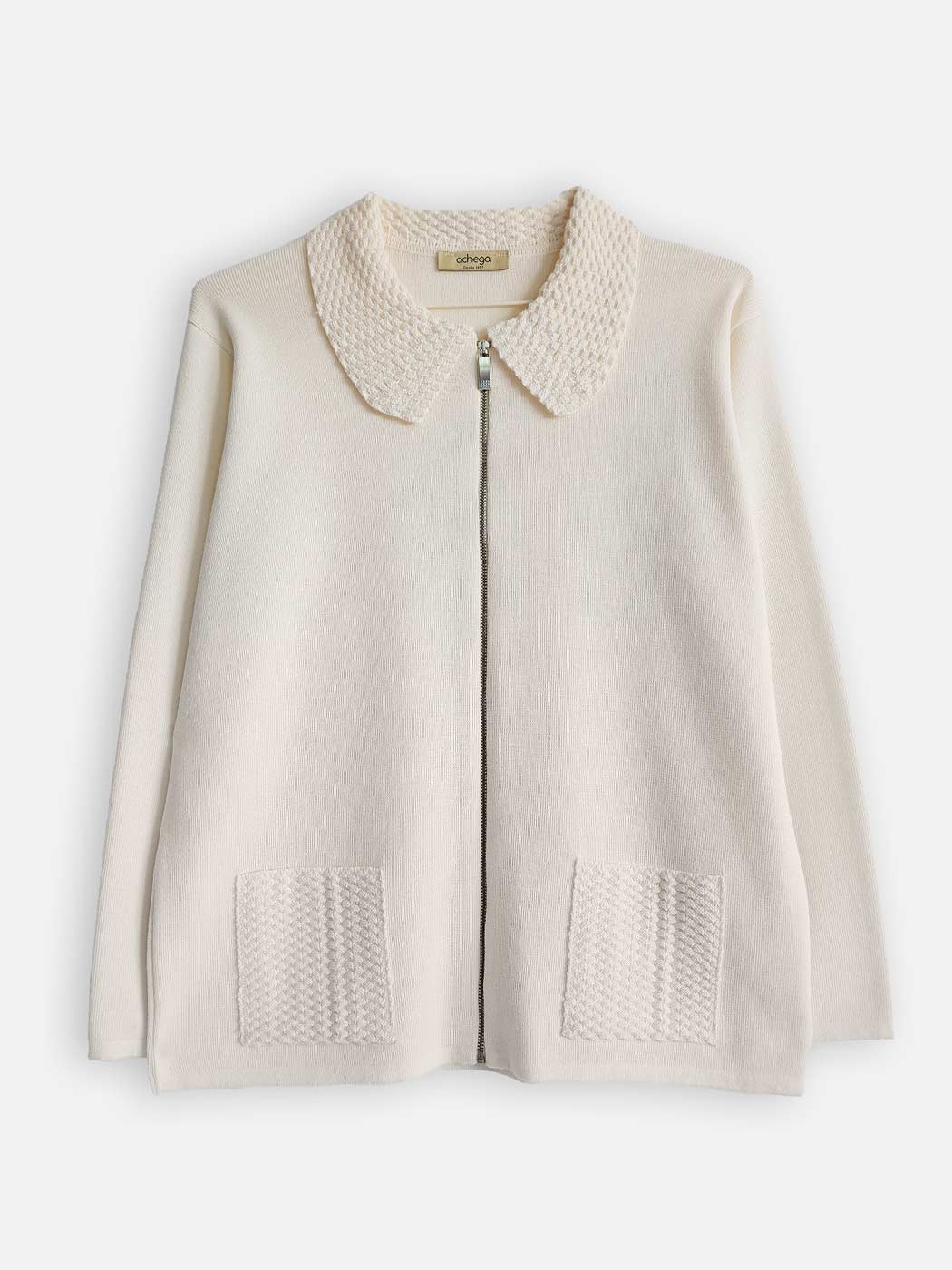 Achega Knitwear Jackets - Cardigan women's white merino wool with collar and zipper