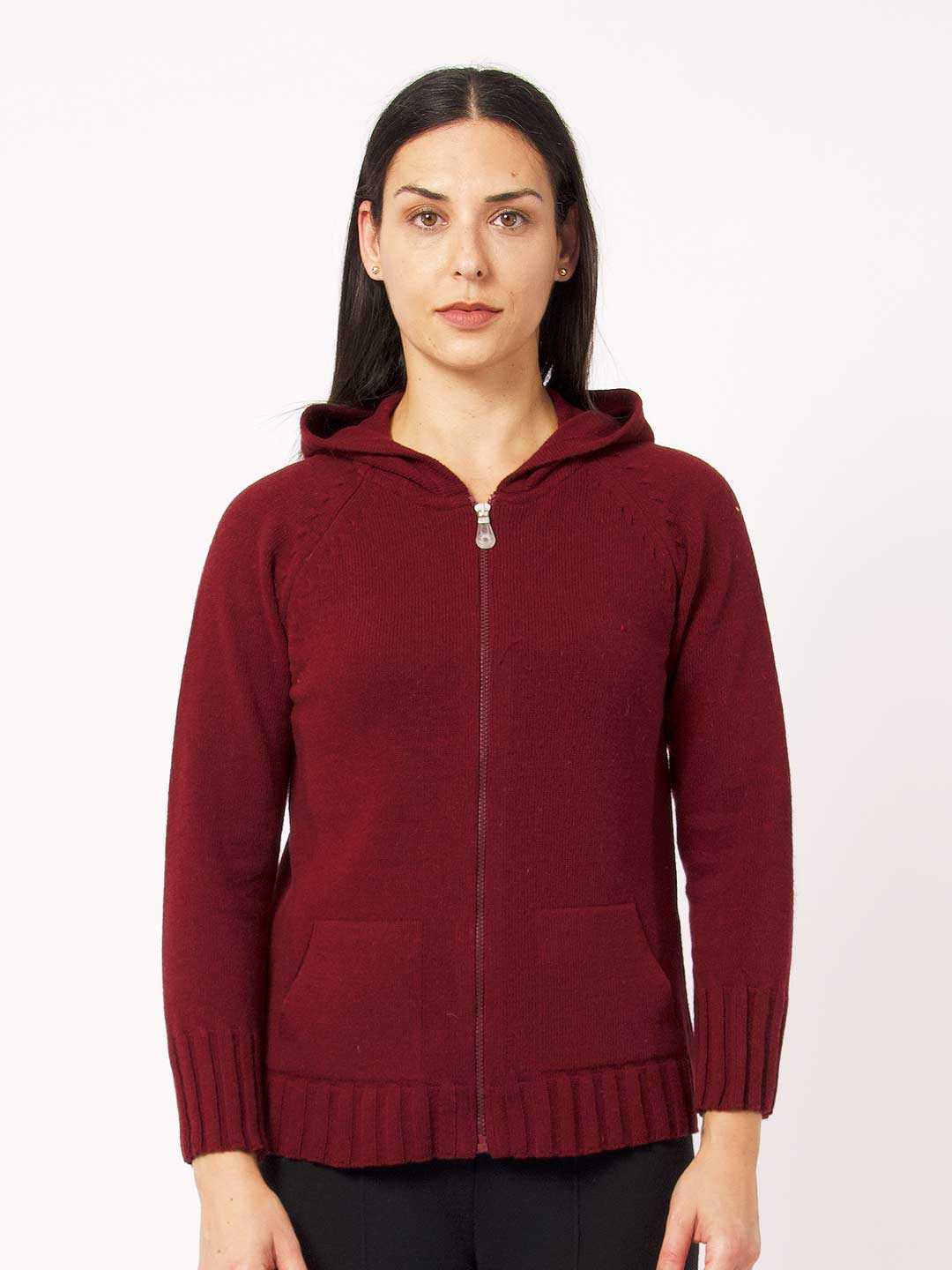 Achega Knitted Cardigan - Women's bordeaux Cardigan with lambswool hood