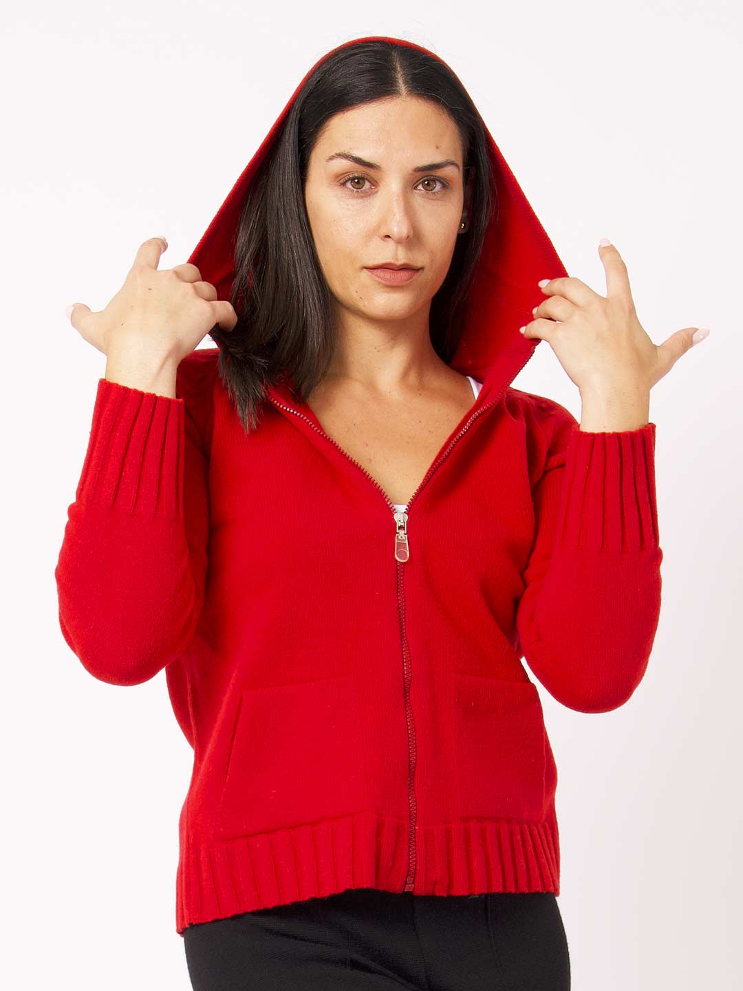 Casacos de Malha Achega - Casaco feminino vermelho com capuz em lambswool