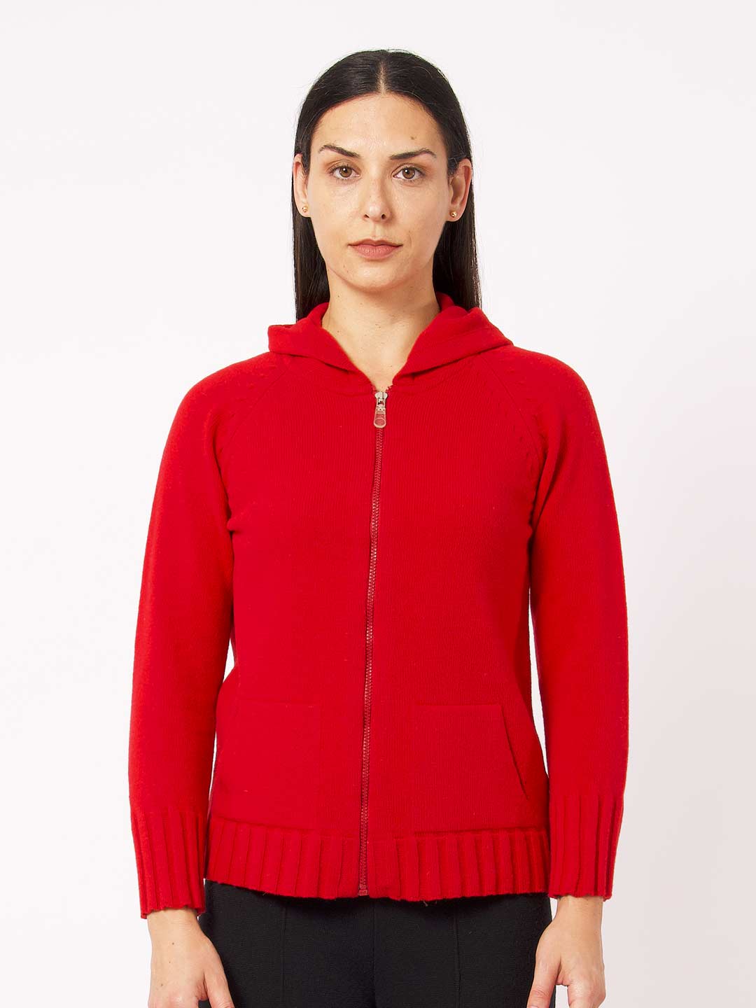 Casacos de Malha Achega - Casaco feminino vermelho com capuz em lambswool
