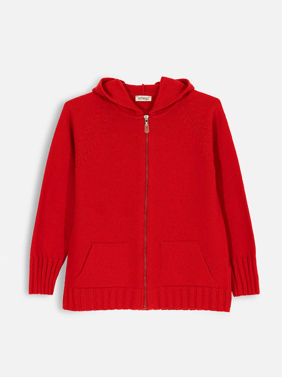 Casacos de Malha Achega - Casaco feminino vermelho com capuz em lambswool