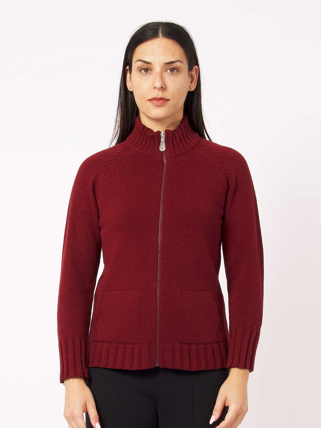 Casacos de Malha Achega - Casaco feminino bordeaux com fecho em lambswool