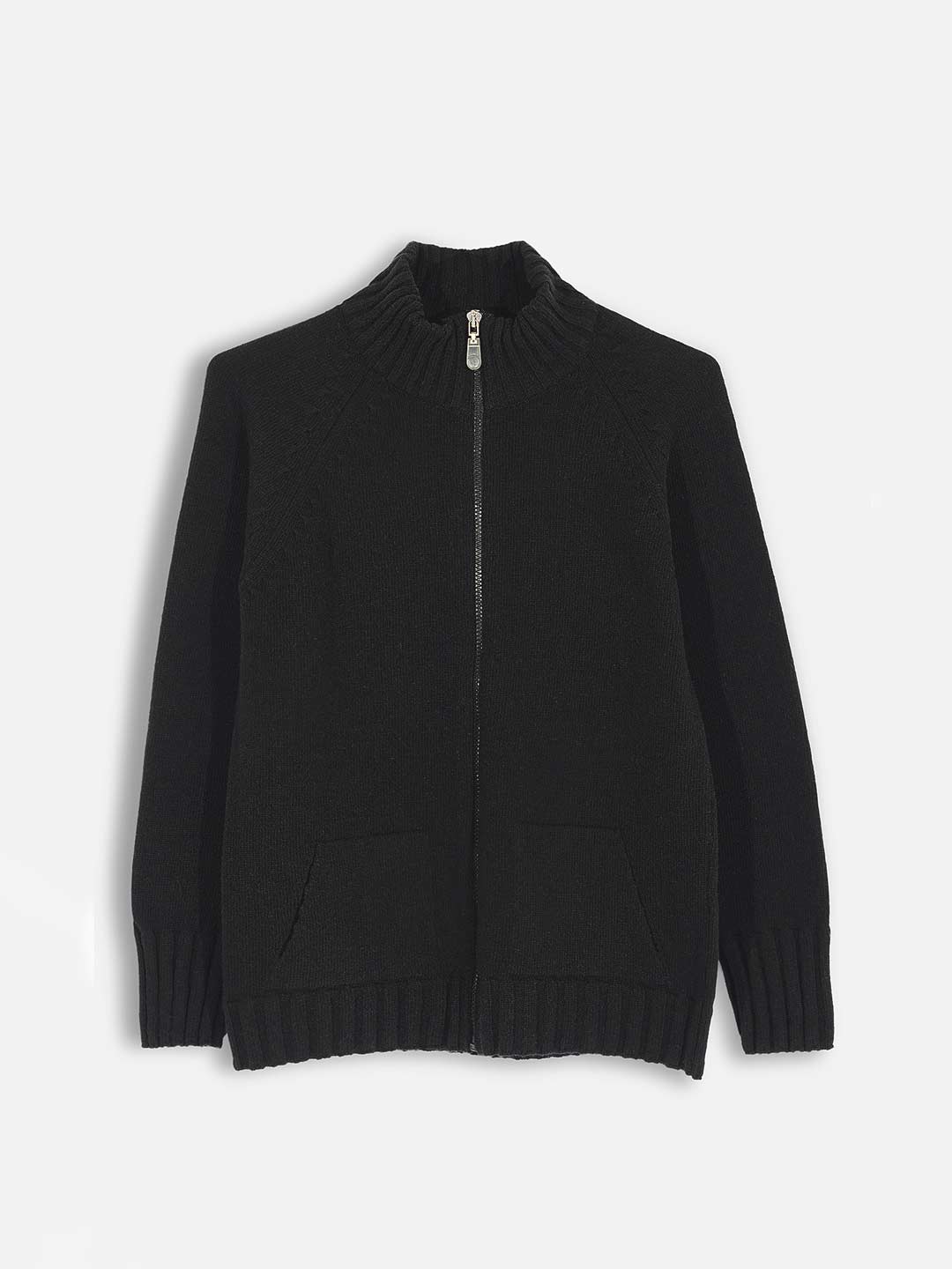 Casacos de Malha Achega - Casaco feminino preto com fecho em lambswool