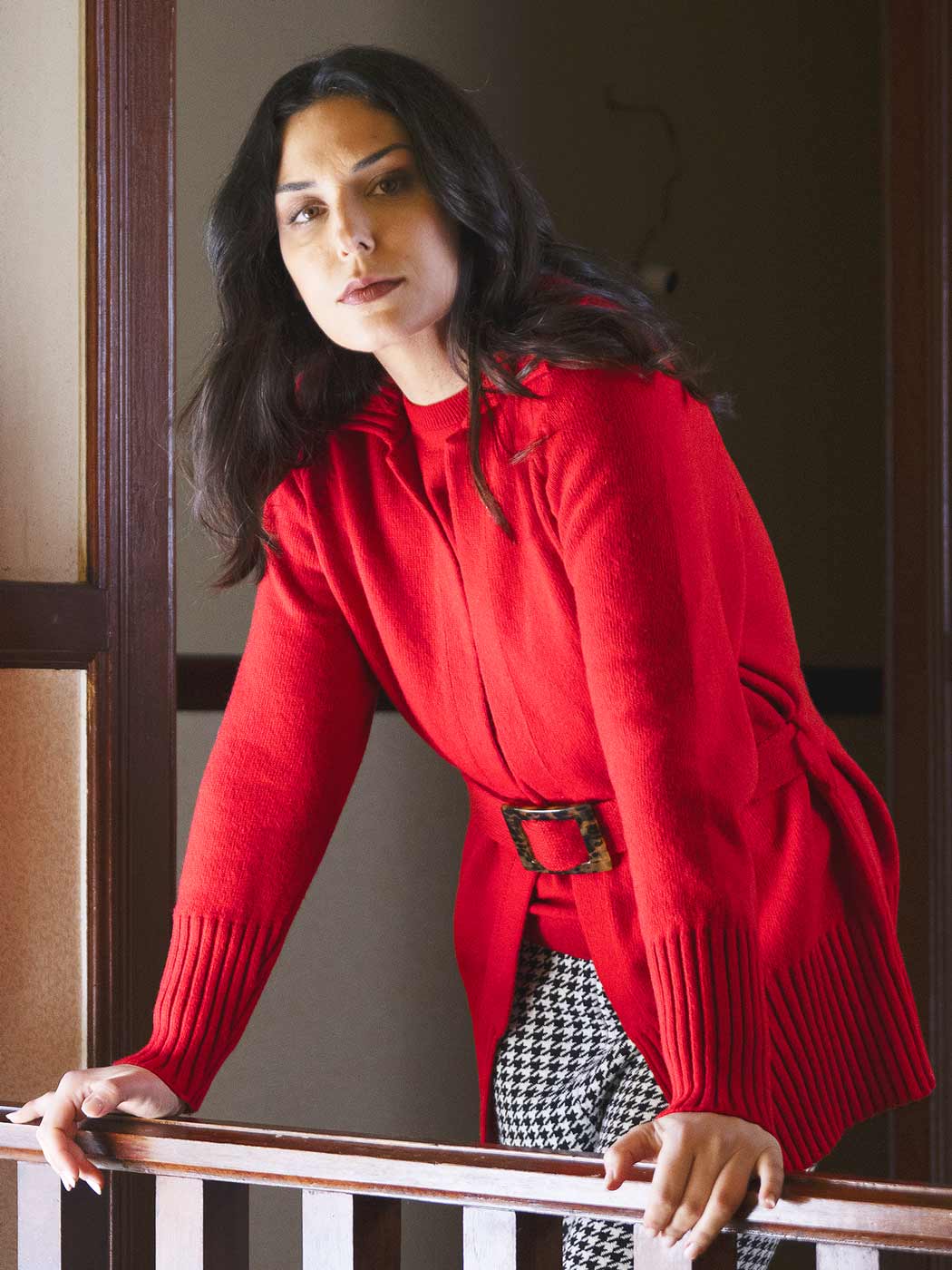 Casacos de Malha Achega - Casaco de malha comprido com fivela em lambswool