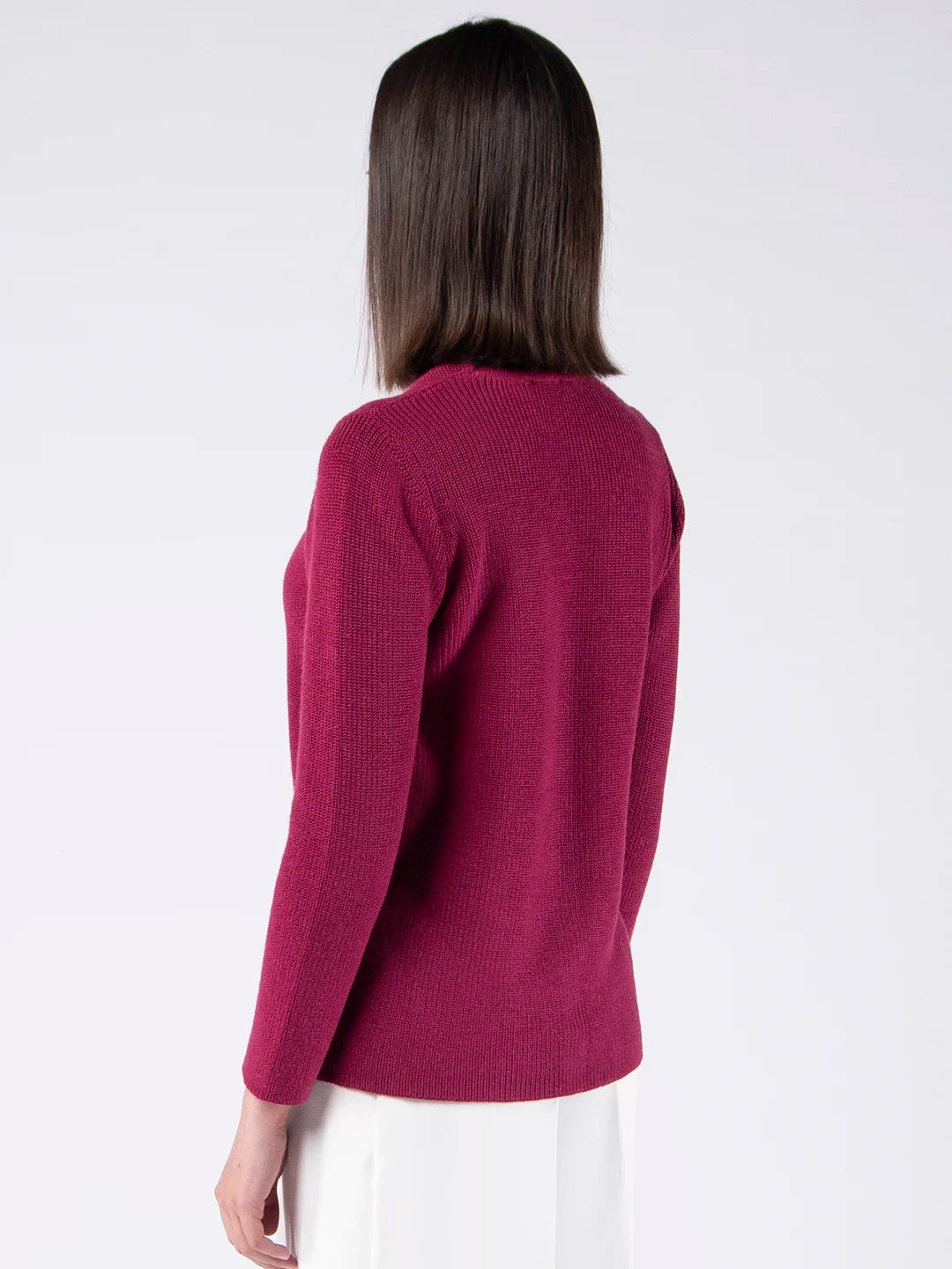 Camisola de Decote em V em Lã Merino - Ameixa