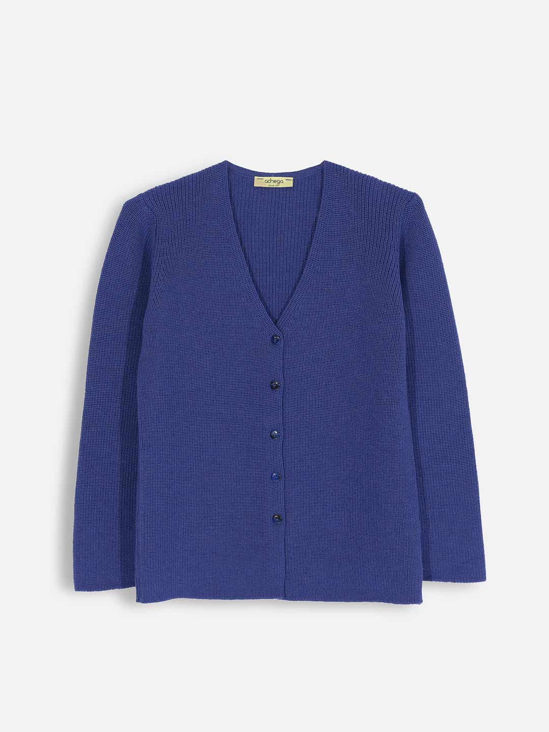 Casacos de Malha Achega - Casaco feminino azul indigo em malha pérola com decote em V em lã merino