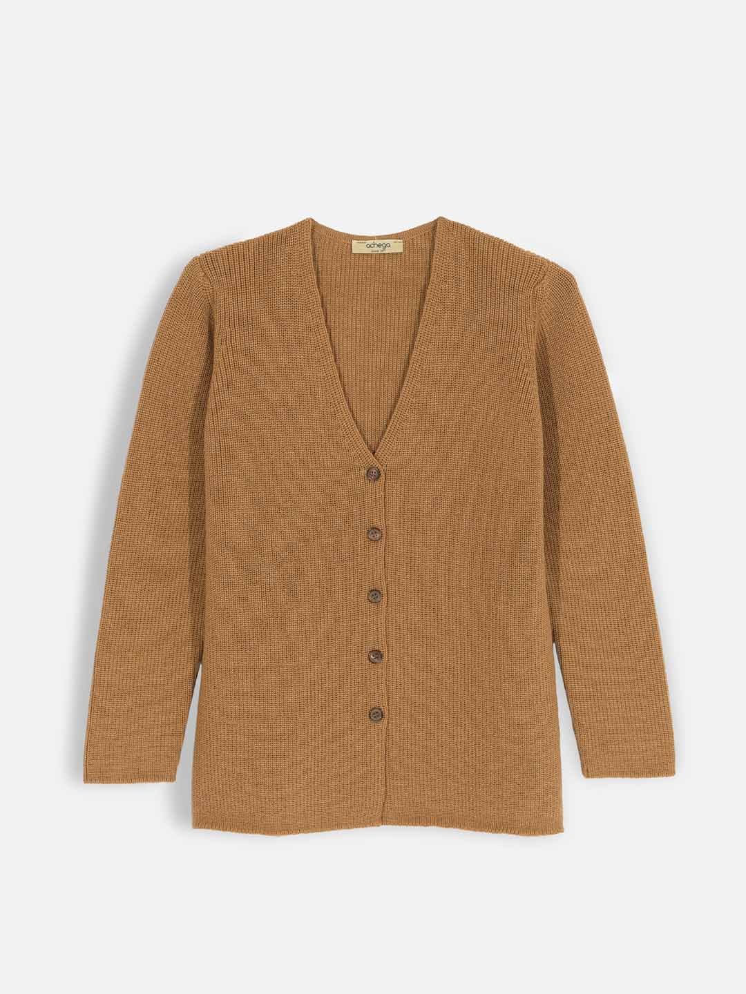 Casacos de Malha Achega - Casaco feminino camel em malha pérola com decote em V em lã merino