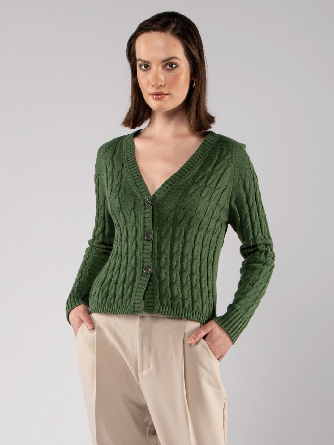 Olive Green Knitted Cardigan V-neck with Braids in Organic Cotton - Main Image