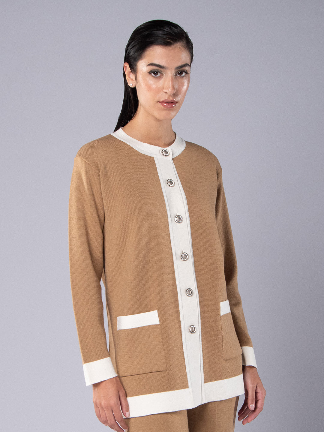 Knitted Cardigan with crystal-encrusted buttons in honey camel and white