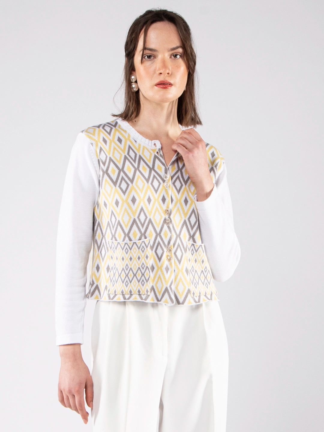 Achega Knit Cardigan - Women's Cardigan in organic cotton with buttons and argyle diamond jacquard pattern.