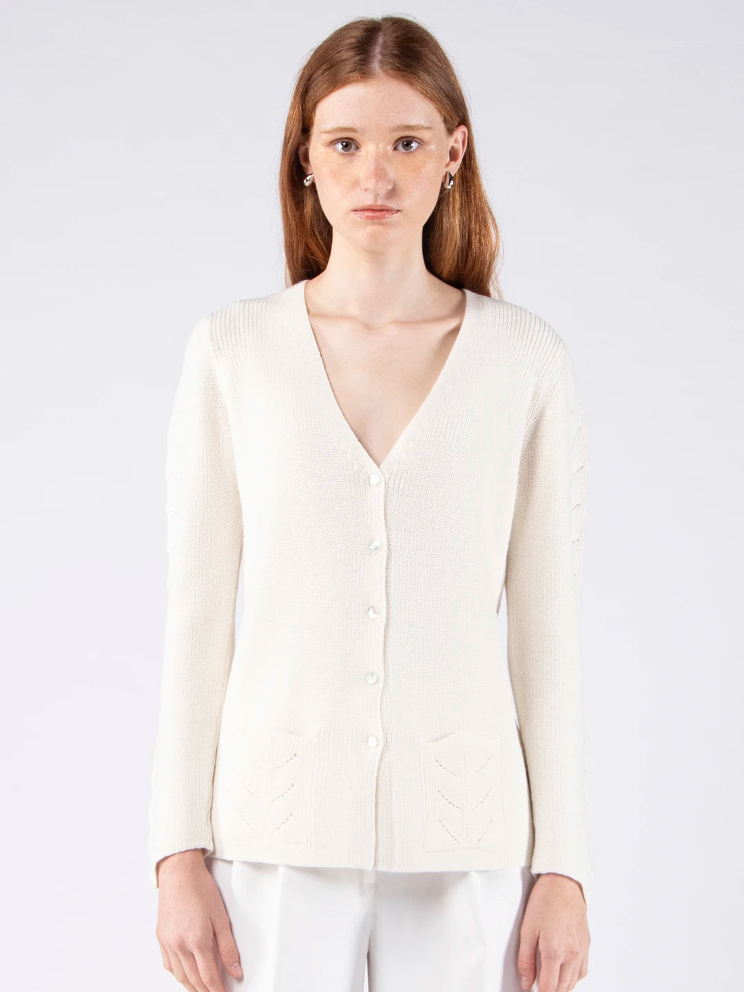 Chaqueta de lana merino con cuello de pico y bolsillos - Blanco perla