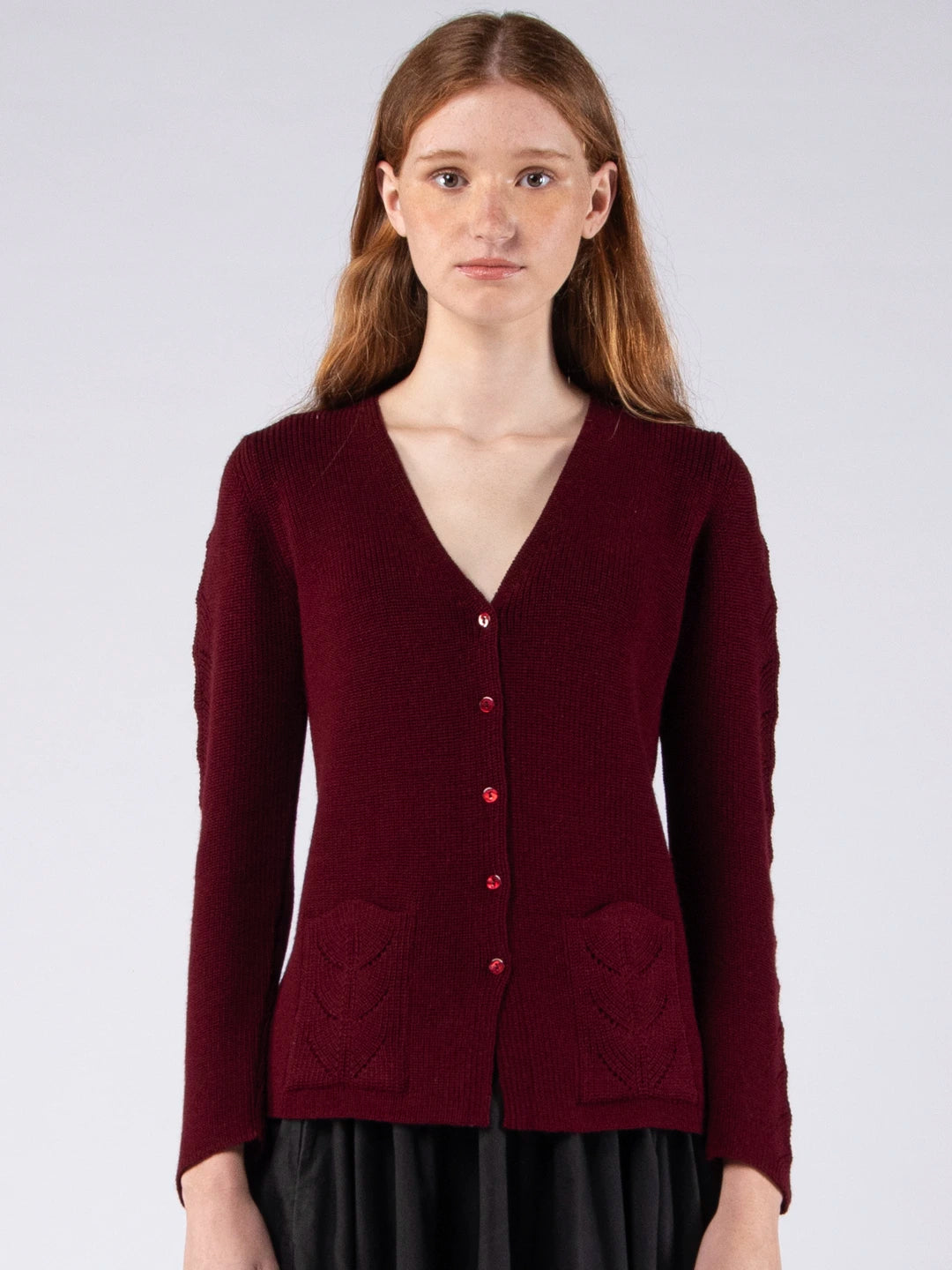 Chaqueta de lana merino con cuello de pico y bolsillos - Burdeos