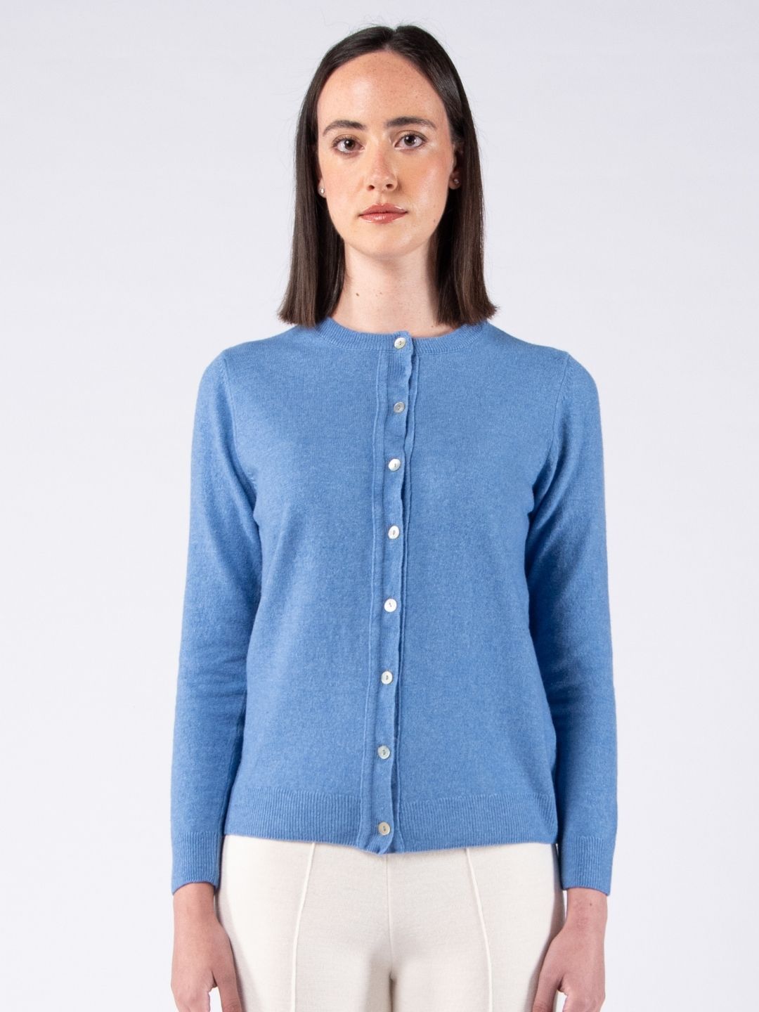 Casaco de Decote Redondo em Lambswool - Azul Céu