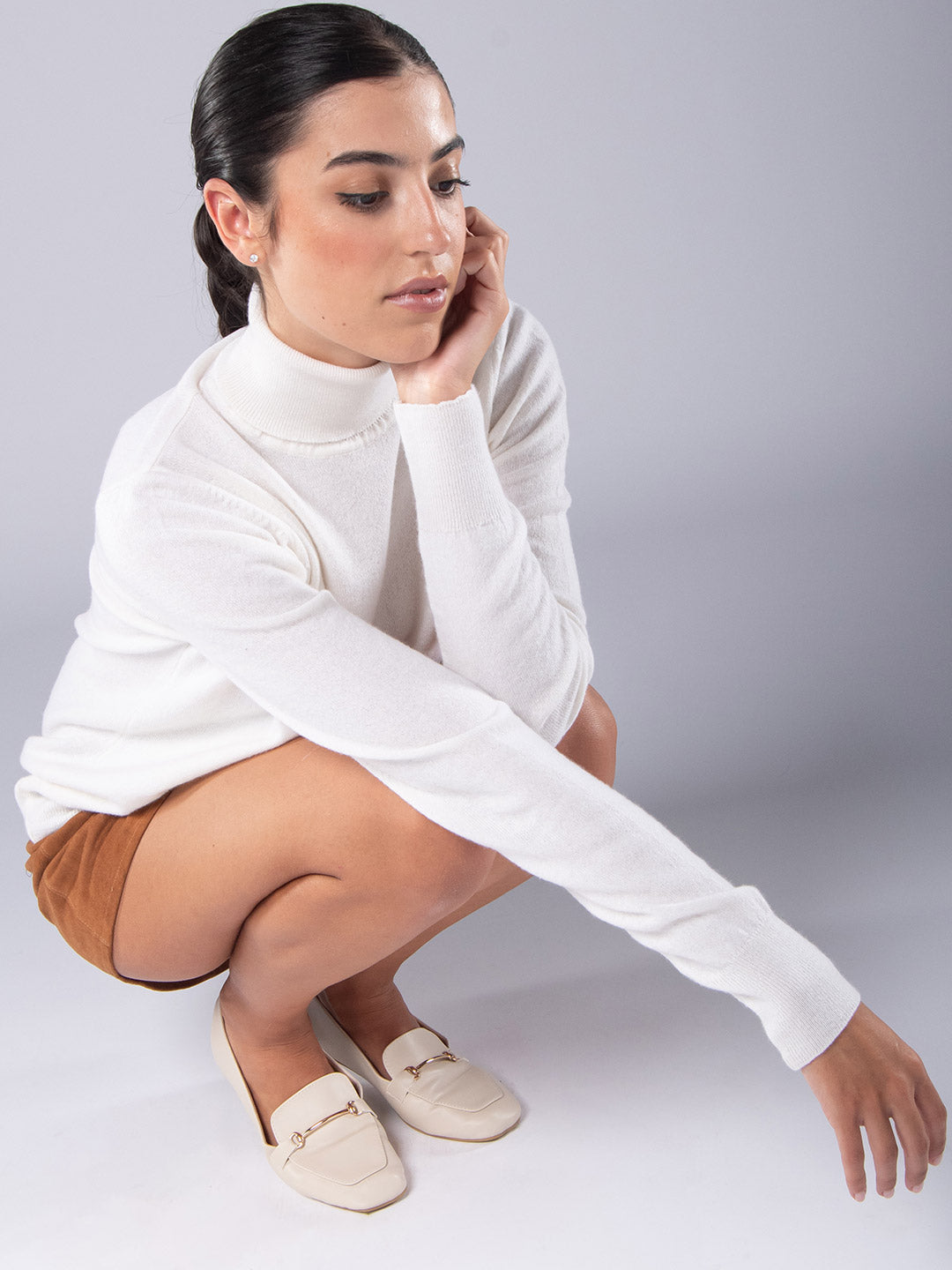 Camisola de Gola Alta Caxemira Branco Cru
