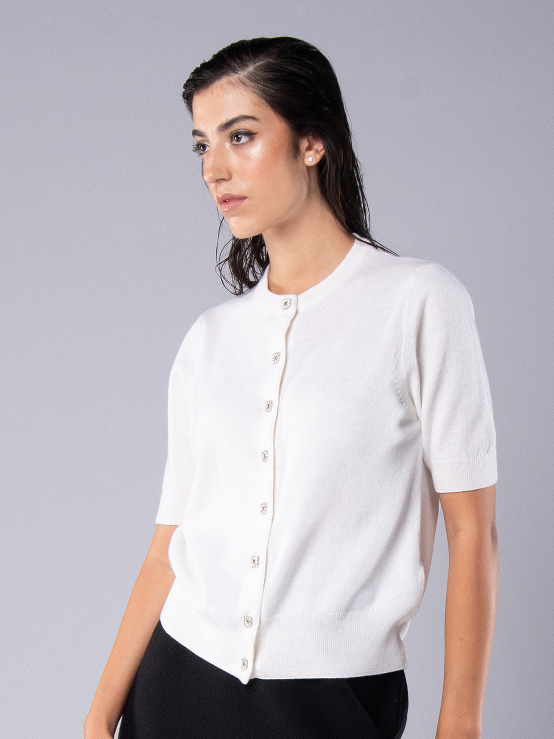 Chaqueta de fiesta de cachemir con botones joya Blanco crudo