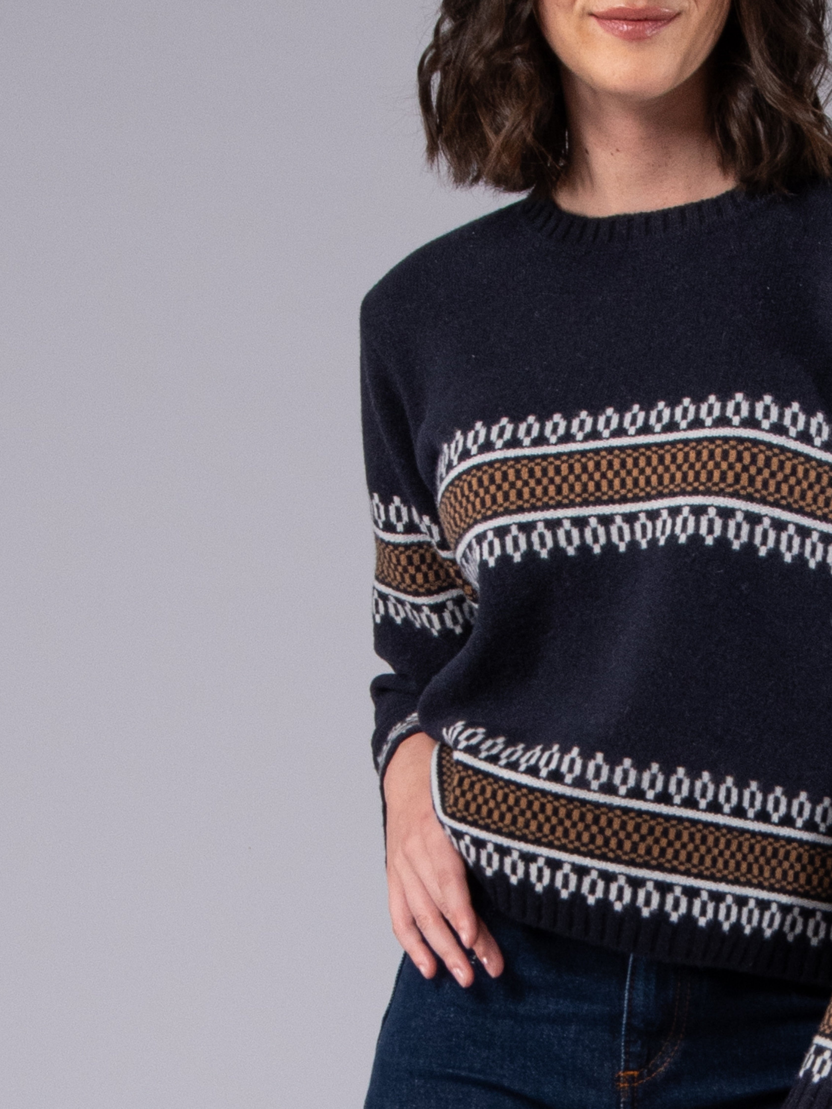 Camisola de Malha Jacquard Étnico - Azul Marinho