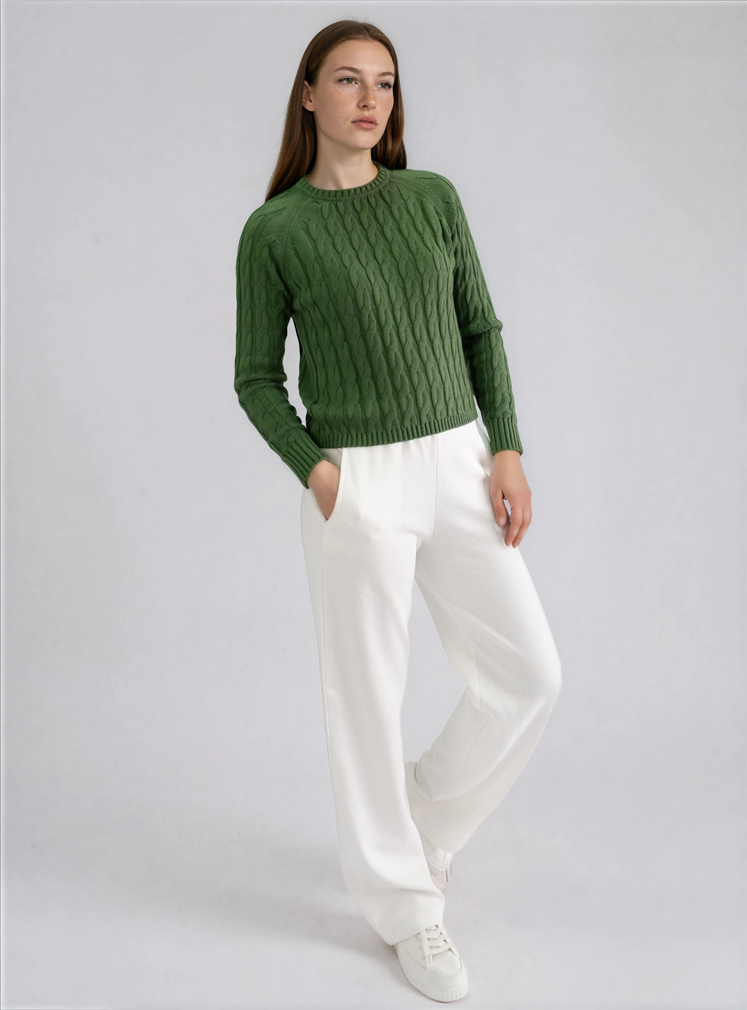 Jersey de punto blanco con trenzas de algodón orgánico - Verde oliva