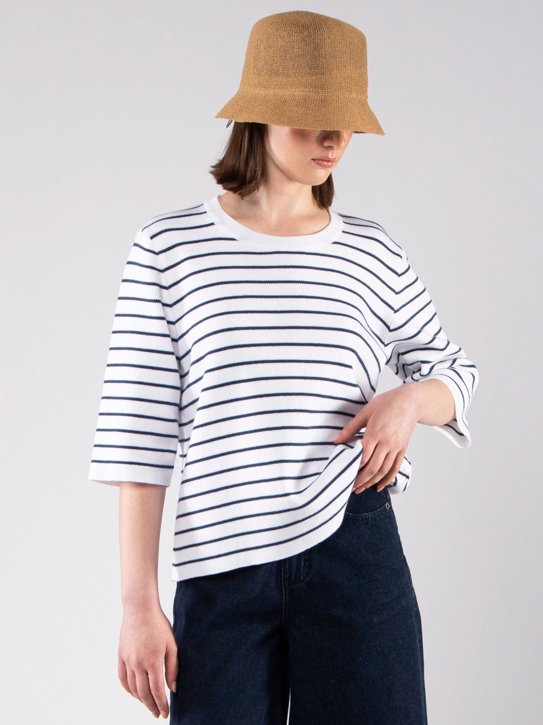 Achega Knit Sweaters - Women's organic cotton knit sweater with stripes and three-quarter sleeves.