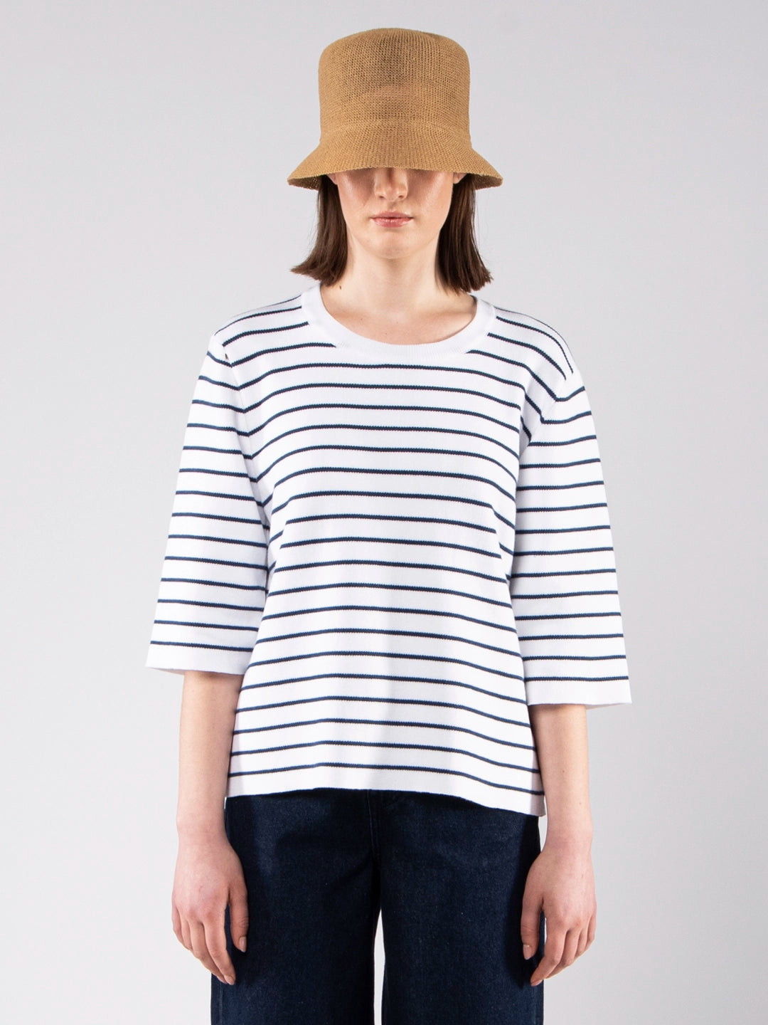 Achega Knit Sweaters - Women's organic cotton knit sweater with stripes and three-quarter sleeves.